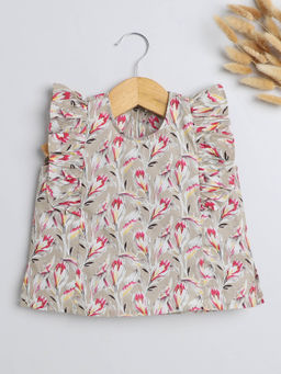 The Magic Wand - Beige Floral Printed Cotton Ruffle Sleeves Top