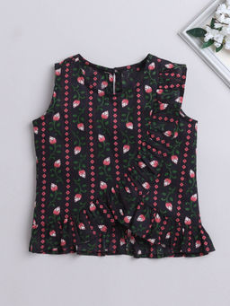 The Magic Wand - Black Floral Textured Ruffle Sleeveless Top