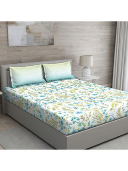 GM - Green And Blue Ikat 150 Tc Cotton Queen Bedsheet With 2 Pillow Covers