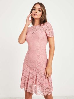 Styli - Pink Short Sleeves Lace Insert Knee Length Dress