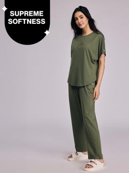 Nykd by Nykaa - Buttery Soft Modal Cotton Pyjama Coord Set of 2 With Round Neck Graphic Tee Nys932 Olive