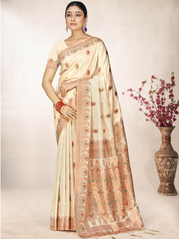 Sangam Prints - Off White Silk Woven Work Traditional Saree with Unstitched Blouse