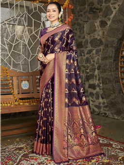 Sangam Prints - Wine Silk Woven Work Traditional Saree with Unstitched Blouse
