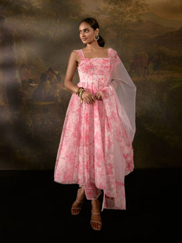 Saanjh by Lea - Tanvee Pink Floral Printed Anarkali with Pant and Dupatta (Set of 3)