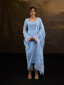 Saanjh by Lea - Kashfiya Blue Embroidered Kurta with Pant and Dupatta (Set of 3)