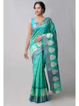 Unnati Silks - Green Block Printed Sico Saree with Unstitched Blouse