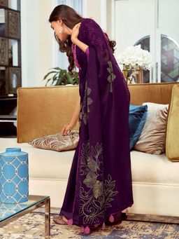 Odette - Womens Silk Blend Purple Embellished Designer Saree with Unstitched Blouse
