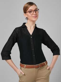 Style Quotient - Women Black Self Design Cotton Regular Smart Casual Shirt