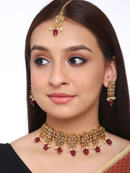 Shoshaa - Gold Maroon Ethnic Artificial Stones Handcrafted Necklace and Earrings