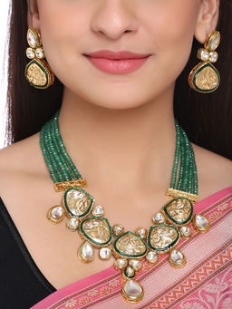Shoshaa - Green Gold Ethnic Onyx Layered Necklace and Earrings