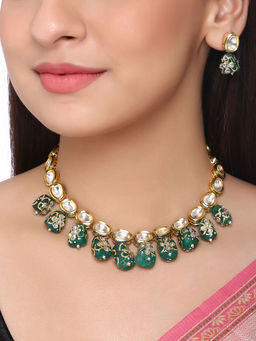 Shoshaa - Green Gold Ethnic Artificial Stones Handcrafted Necklace and Earrings