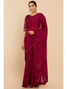 Soch - Women Maroon Georgette Embellished & Sequined Saree with Unstitched Blouse