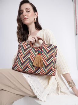 Anekaant - Lines and Loops Tan Jacquard Chevron Hand Bag with Detachable Straps