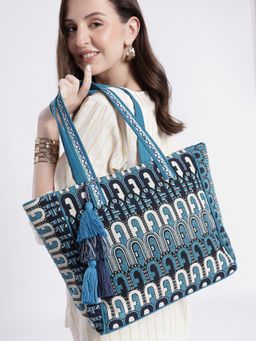 Anekaant - Earth Edit Teal Blue Ethnic Motifs Jacquard Tote Bag
