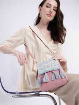 Anekaant - Mod Stitch Dusty Pink Chevron Cotton Sling Bag