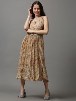 SHOWOFF - Women's Round Neck Embellished Camel Brown Midi Dress (Set of 2)