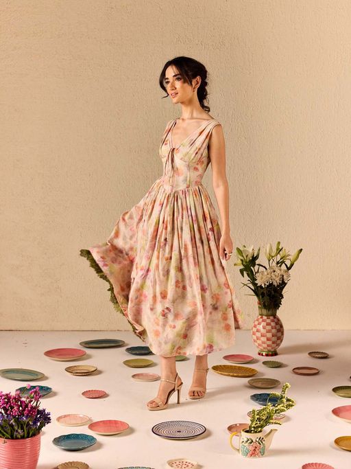 Buy Old Marigold Alba Multi-Color Muslin Floral Corset Midi Dress (XS)  Online