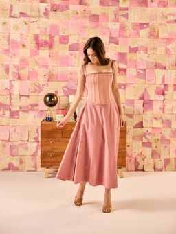 Old Marigold - Toscana Dusky Rose Gold Midi Dress With Corset Jacket (Set of 2)