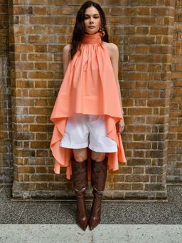 TheRealB - Peach Draped High Low Cotton Multi-Color Top With White Shorts (Set of 2)