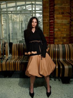 TheRealB - Black Belted Wrap Cotton Top With Beige Balloon Skirt and Belt (Set of 3)