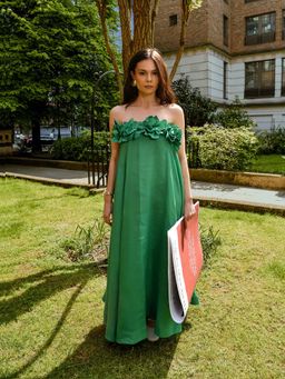 TheRealB - Asymmetric Linen Floral Green Midi Dress