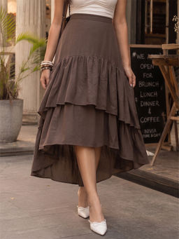 Qurvii - Brown Layered Ruffle Skirt