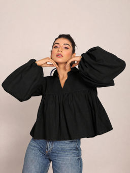 Kaori By Shreya - Black Cotton Solid Peplum Top