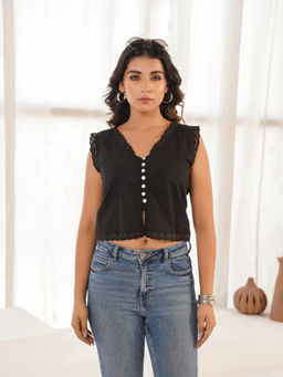 GOODHAND - Black Pure Cotton Lace work Crop Top
