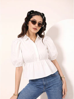 Kaori By Shreya - White Cotton Solid Peplum Top