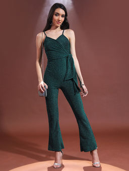 TOKYO TALKIES - Green Self Design Shoulder Straps Waist Tie-Ups Basic Jumpsuit
