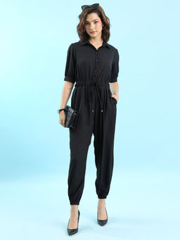 TOKYO TALKIES - Black Shirt Collar Basic Jumpsuit