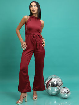 TOKYO TALKIES - Maroon Halter Neck Basic Jumpsuit With Belt