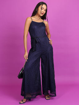 TOKYO TALKIES - Navy Blue Self Design Shoulder Straps Basic Jumpsuit with Belt
