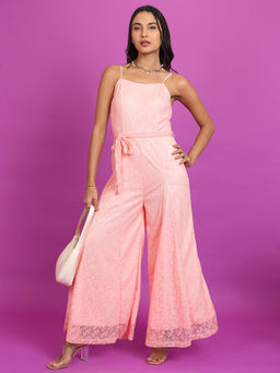 TOKYO TALKIES - Pink Self Design Shoulder Straps Basic Jumpsuit with Belt