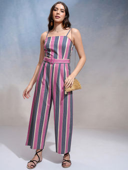 TOKYO TALKIES - Multi-Color Women Striped Basic Jumpsuit with Belt