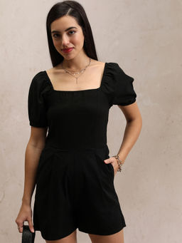 TOKYO TALKIES - Black Women Square Neckline Puff Sleeve Flared Playsuit
