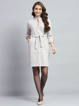 Monte Carlo - Women Grey and Pink Striped Mandarin Neck Sleeve Dress