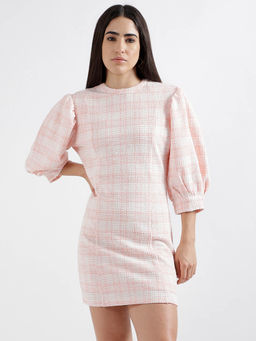 ELLE - Women Pink Checked Round Neck Short Sleeves Bodycon Dress