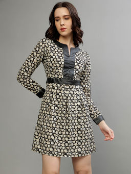 ELLE - Women Beige Printed Round Neck Full Sleeves Fit and Flare Dress