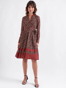 ELLE - Women Multi Color Printed V Neck Full Sleeves Fit and Flare Dress