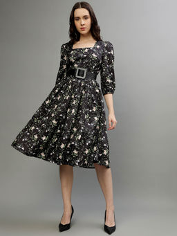 ELLE - Women Black Printed Square Neck 3/4Th Sleeves Fit and Flare Dress