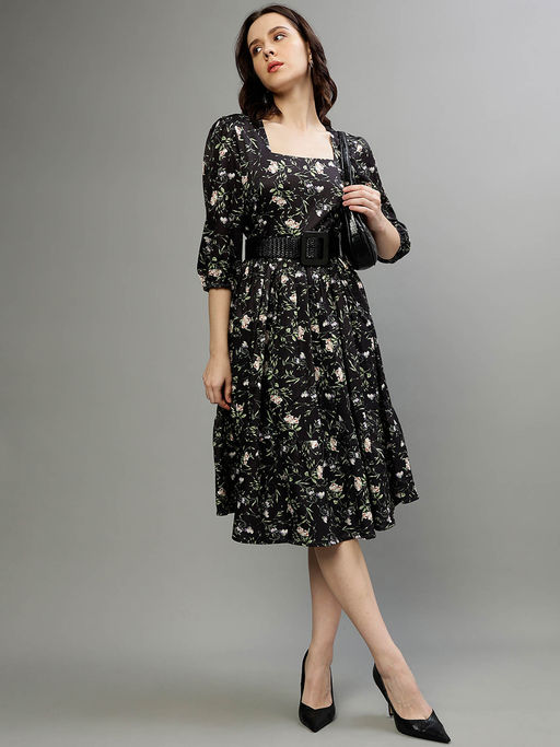 Buy ELLE Women Black Printed Square Neck 3/4Th Sleeves Fit and Flare Dress  (XS) Online