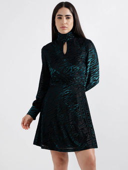 ELLE - Women Green Printed High Neck Full Sleeves A-Line Dress