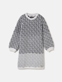 ELLE - Girls Black White Self Design Round Neck Full Sleeves Dress