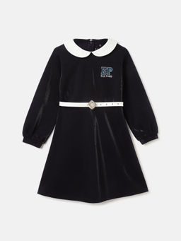 ELLE - Girls Navy Blue Solid Peter Pan Collar Full Sleeves A-Line Dress (Set of 2)