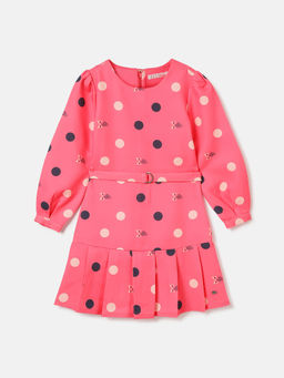 ELLE - Girls Dark Pink Polka Print Round Neck Full Sleeves Pleated A-Line Dress