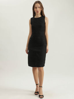 ELLE - Women Black Textured Crew Neck Sleeveless Sheath Dress