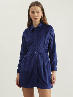 ELLE - Women Blue Solid Spread Collar Full Sleeves Shirt Dress