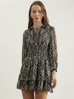ELLE - Women Black Printed Tie Up Neck Full Sleeves Fit and Flare Dress