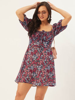 ANVI Be Yourself - Women Floral Printed Blue Tie Up Square Neck Fit and Flare Mini Skater Dress